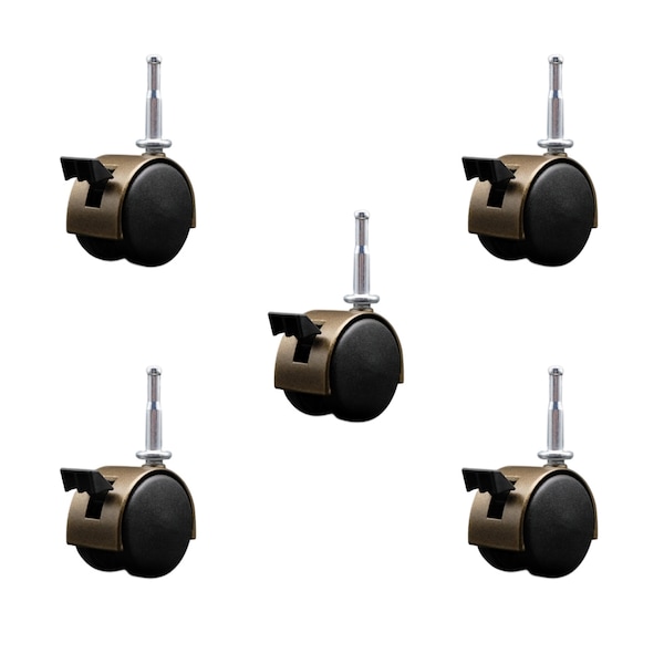 2'' Antique Metal Hood Twin Caster Locking Nylon Wheels Grip Neck Stem, 5PK